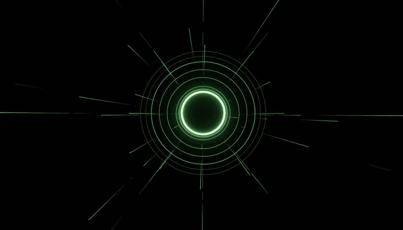 A glowing circular token surrounded by concentric neon green rings on a black background