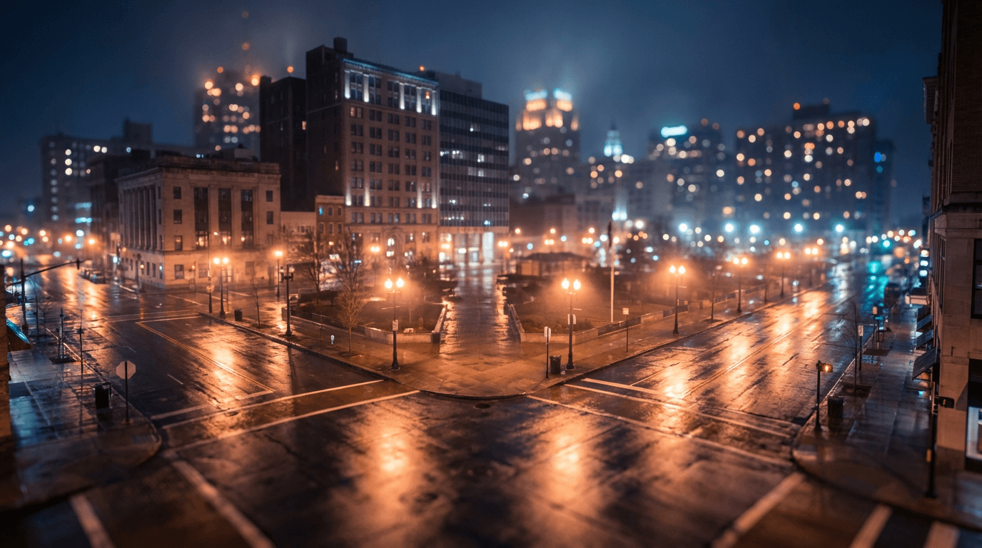 Dark and moody New York City skyline with neon green highlights