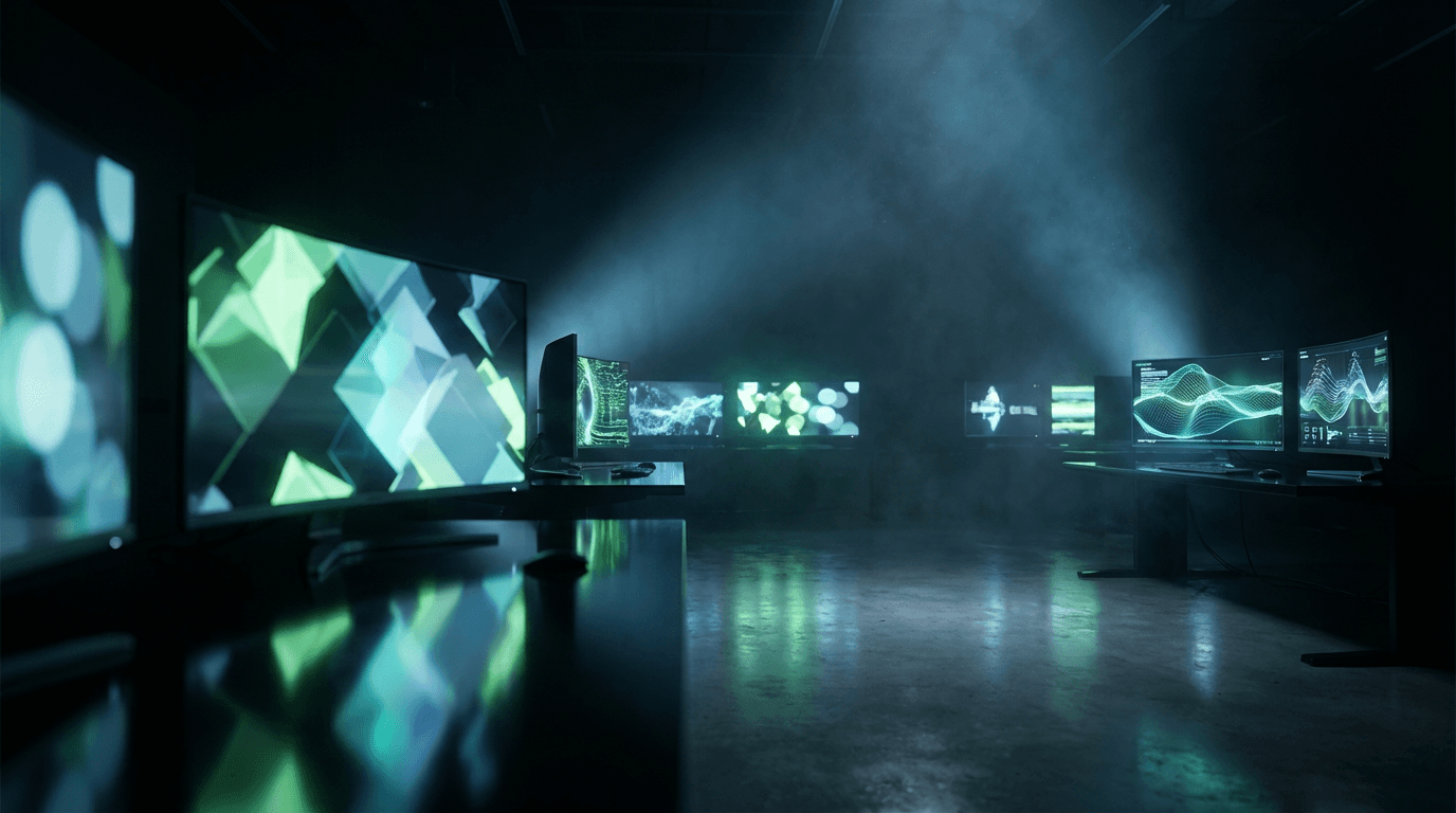 Silhouetted figure before a glowing neon green terminal screen in a dark command center