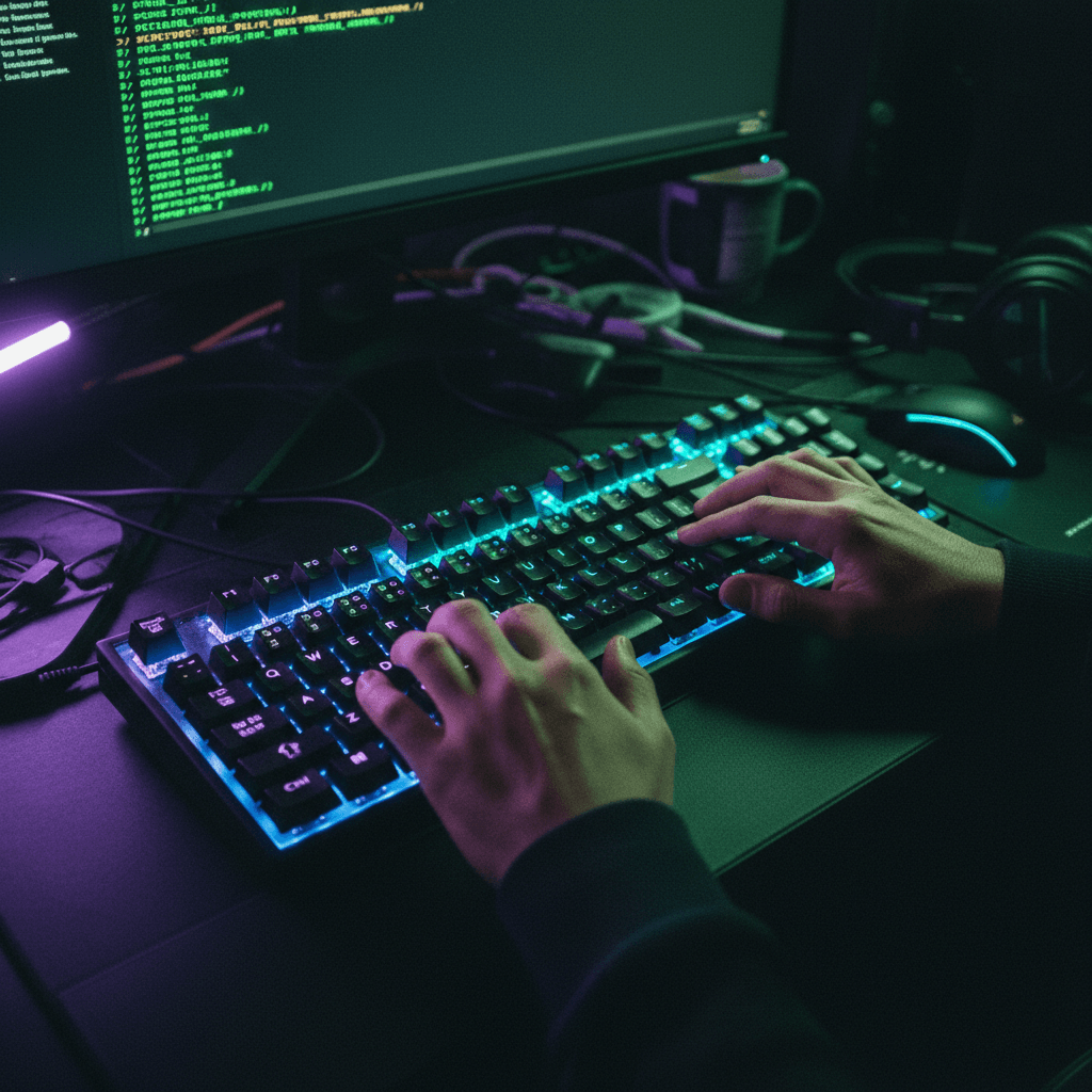 Minimalist black terminal keyboard with neon green accent lighting